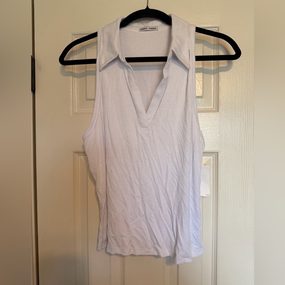 Sweet Romeo Tops - Sweet Romeo White Sleeveless Collared Tank